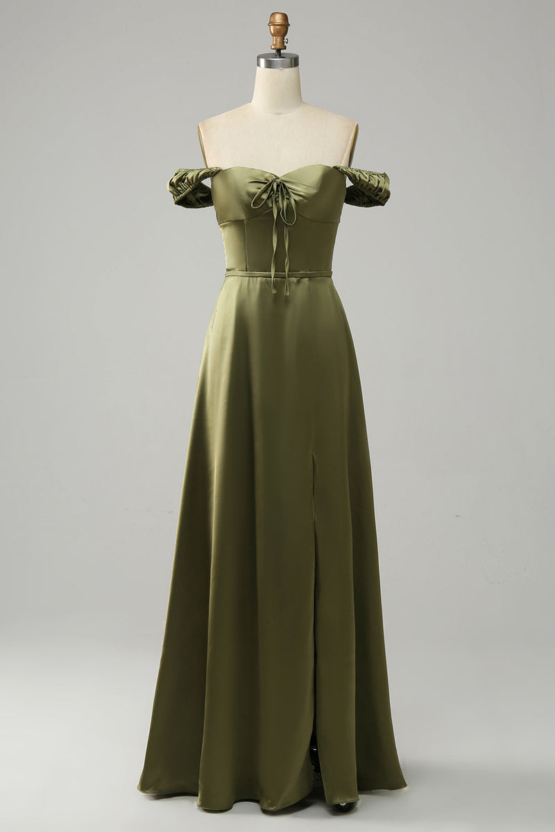 Load image into Gallery viewer, Army Green Off the Shoulder Long Bridesmaid Dress with Slit