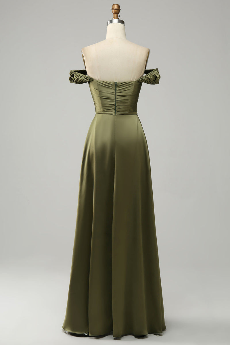 Load image into Gallery viewer, Army Green Off the Shoulder Long Bridesmaid Dress with Slit