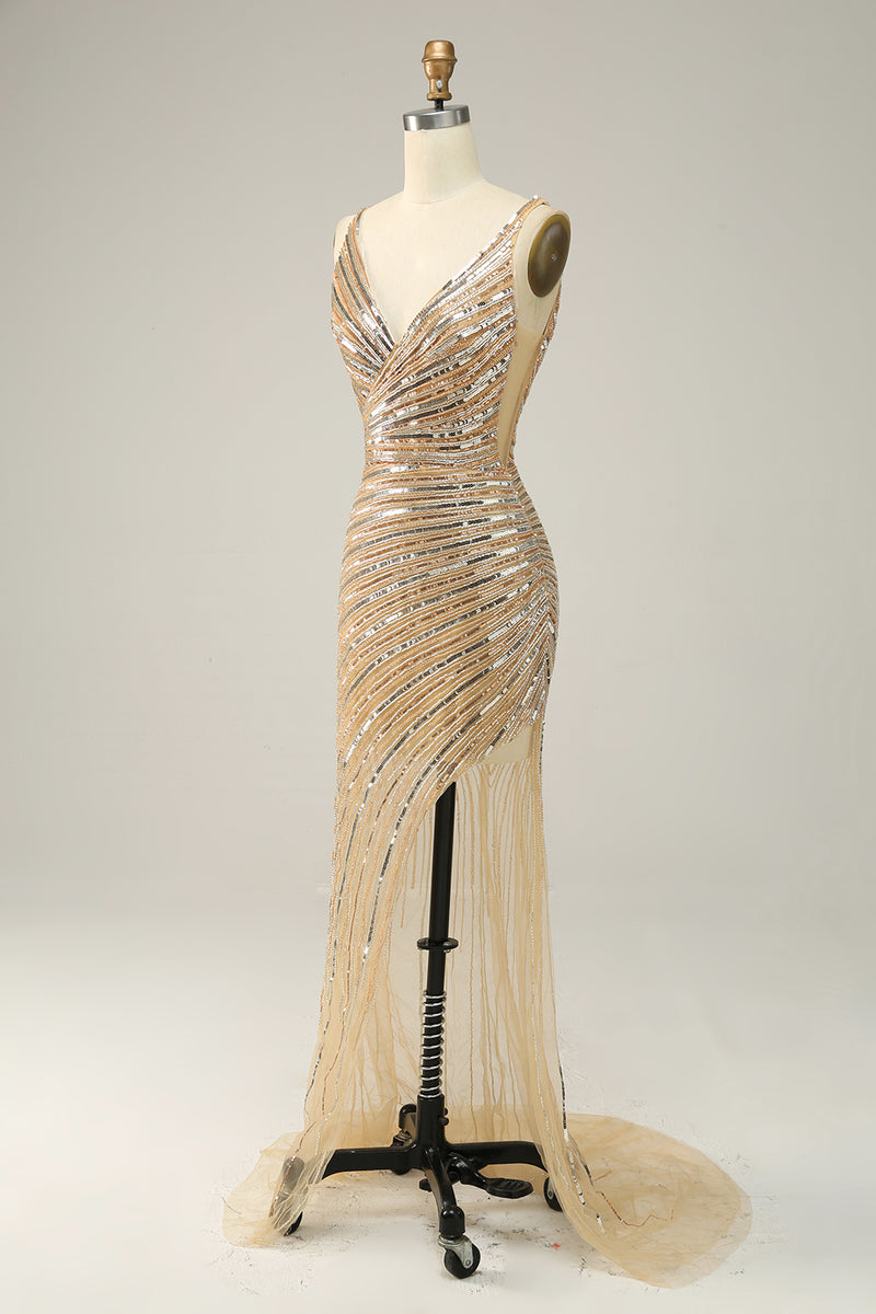 Load image into Gallery viewer, Golden Sequins Glitter Prom Dress with Open Back