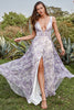 Load image into Gallery viewer, Purple Printed V-Neck Prom Dress With Slit