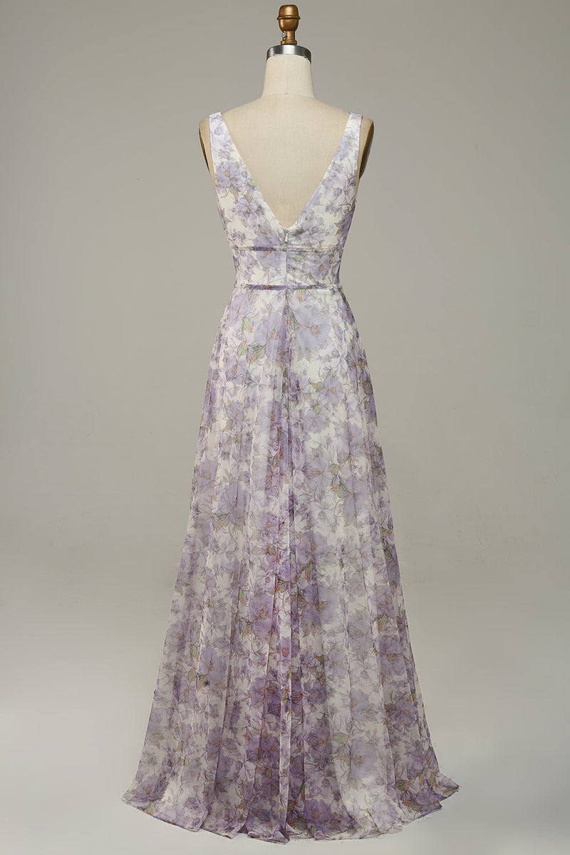 Load image into Gallery viewer, Purple Printed V-Neck Prom Dress With Slit