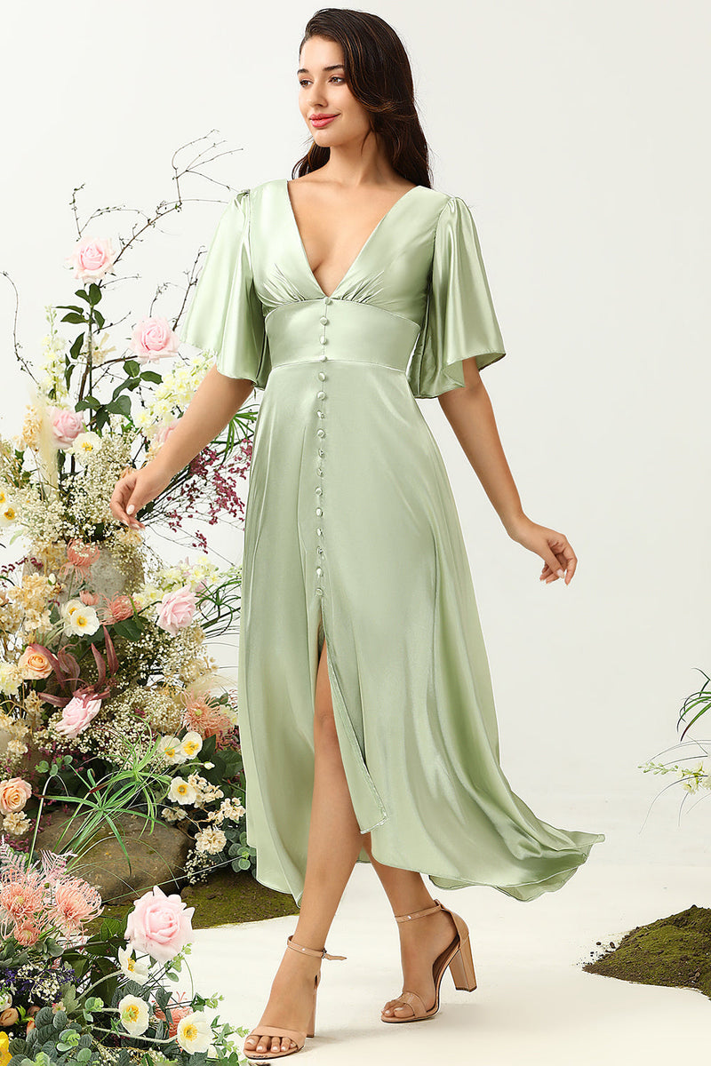 Load image into Gallery viewer, A Line Deep V Neck Light Green Wedding Guest Dress with Half Sleeves