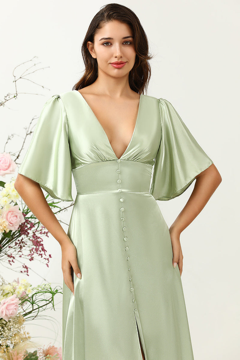 Load image into Gallery viewer, A Line Deep V Neck Light Green Wedding Guest Dress with Half Sleeves