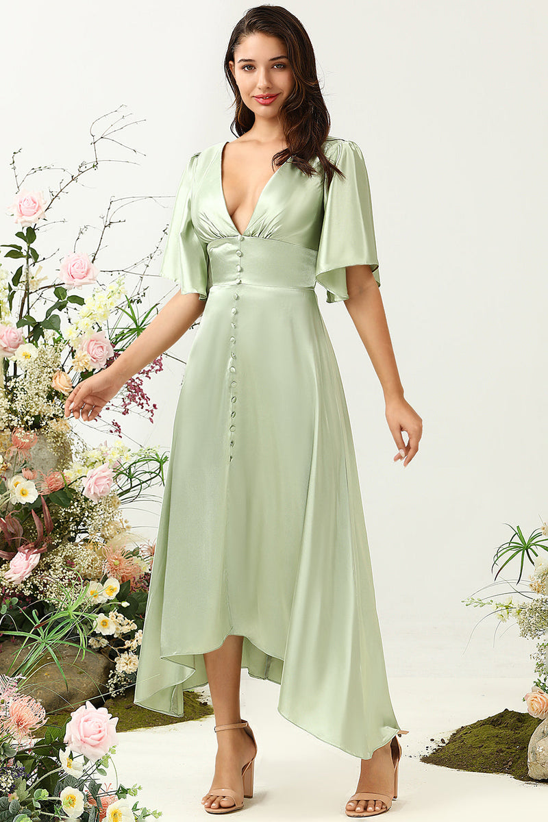 Load image into Gallery viewer, A Line Deep V Neck Light Green Wedding Guest Dress with Half Sleeves