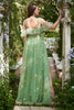 Load image into Gallery viewer, Green Off Shoulder A Line Prom Dress with Embroidery