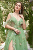 Load image into Gallery viewer, Green Off Shoulder A Line Prom Dress with Embroidery