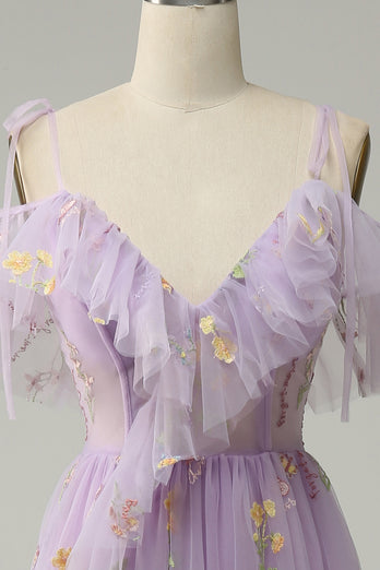 Lavender Off Shoulder A Line Prom Dress with Embroidery