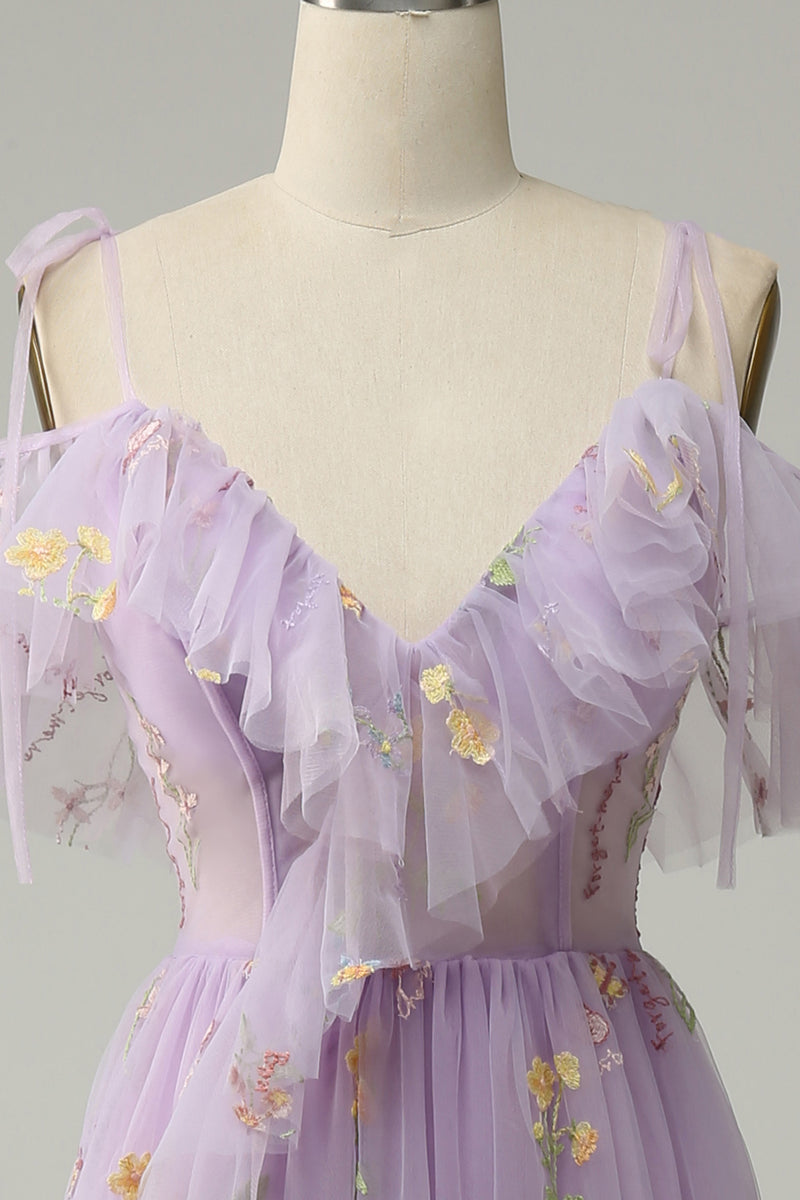 Load image into Gallery viewer, Lavender Off Shoulder A Line Prom Dress with Embroidery