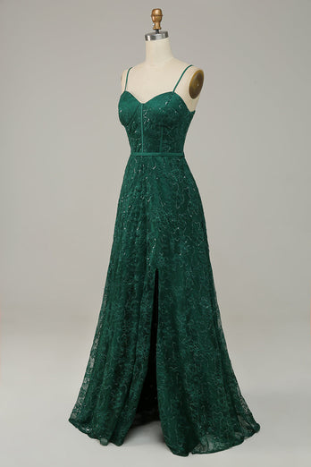 Dark Green Lace Spaghetti Straps Corset Prom Dress