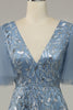 Load image into Gallery viewer, Grey Blue Tulle Embroidered A Line Prom Dress