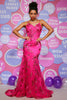 Load image into Gallery viewer, Hot Pink Sequins Print Mermaid Corset Prom Dress