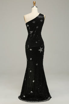 Mermaid One Shoulder Black Sequins Long Prom Dress with Star