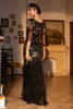 Load image into Gallery viewer, Sheath V Neck Black Sequins Long Sparkly Party Dress with Fringes