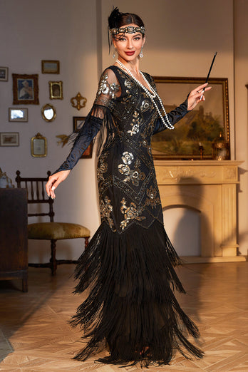 Sheath V Neck Black Sequins Long Sparkly Party Dress with Fringes