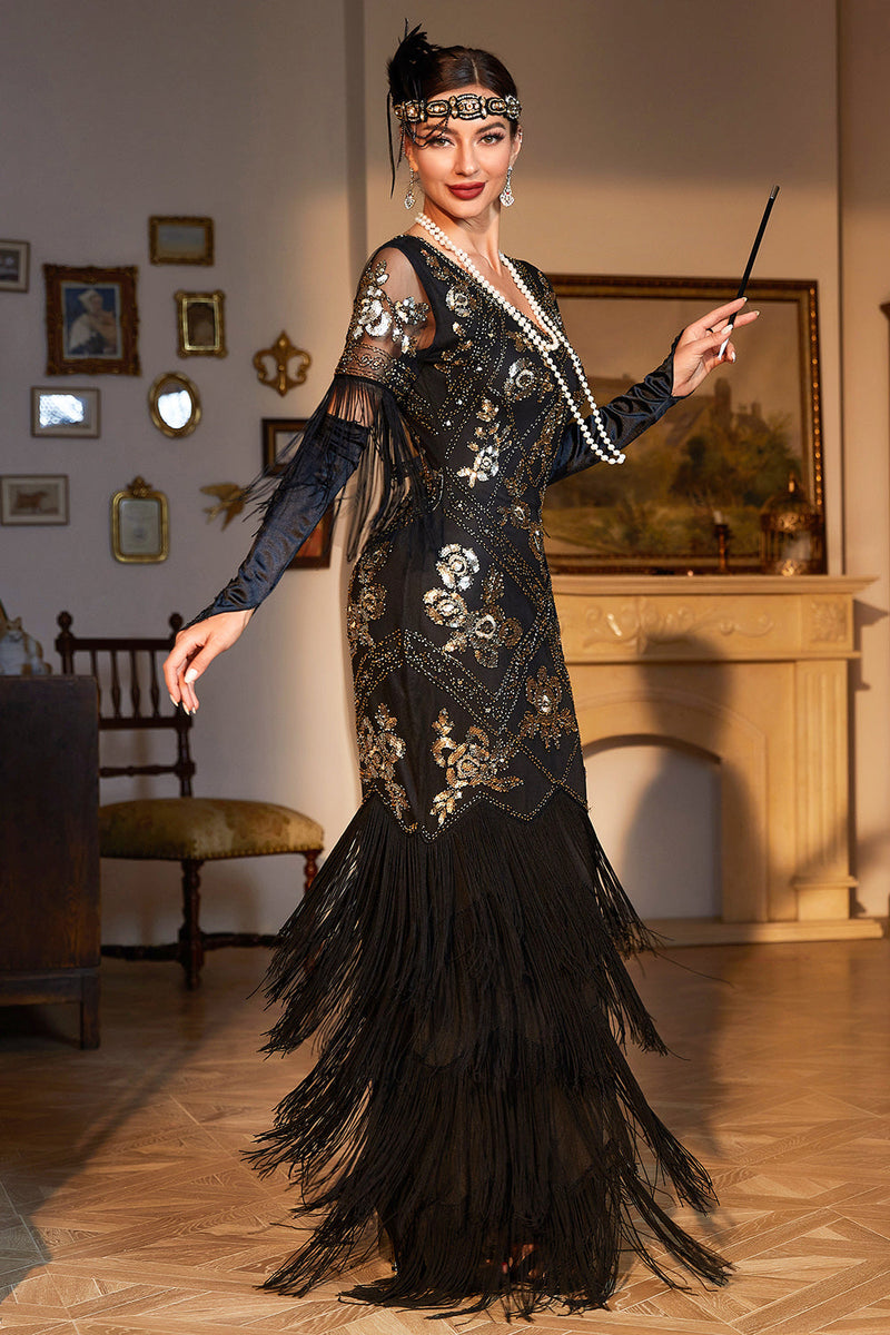 Load image into Gallery viewer, Sheath V Neck Black Sequins Long Sparkly Party Dress with Fringes