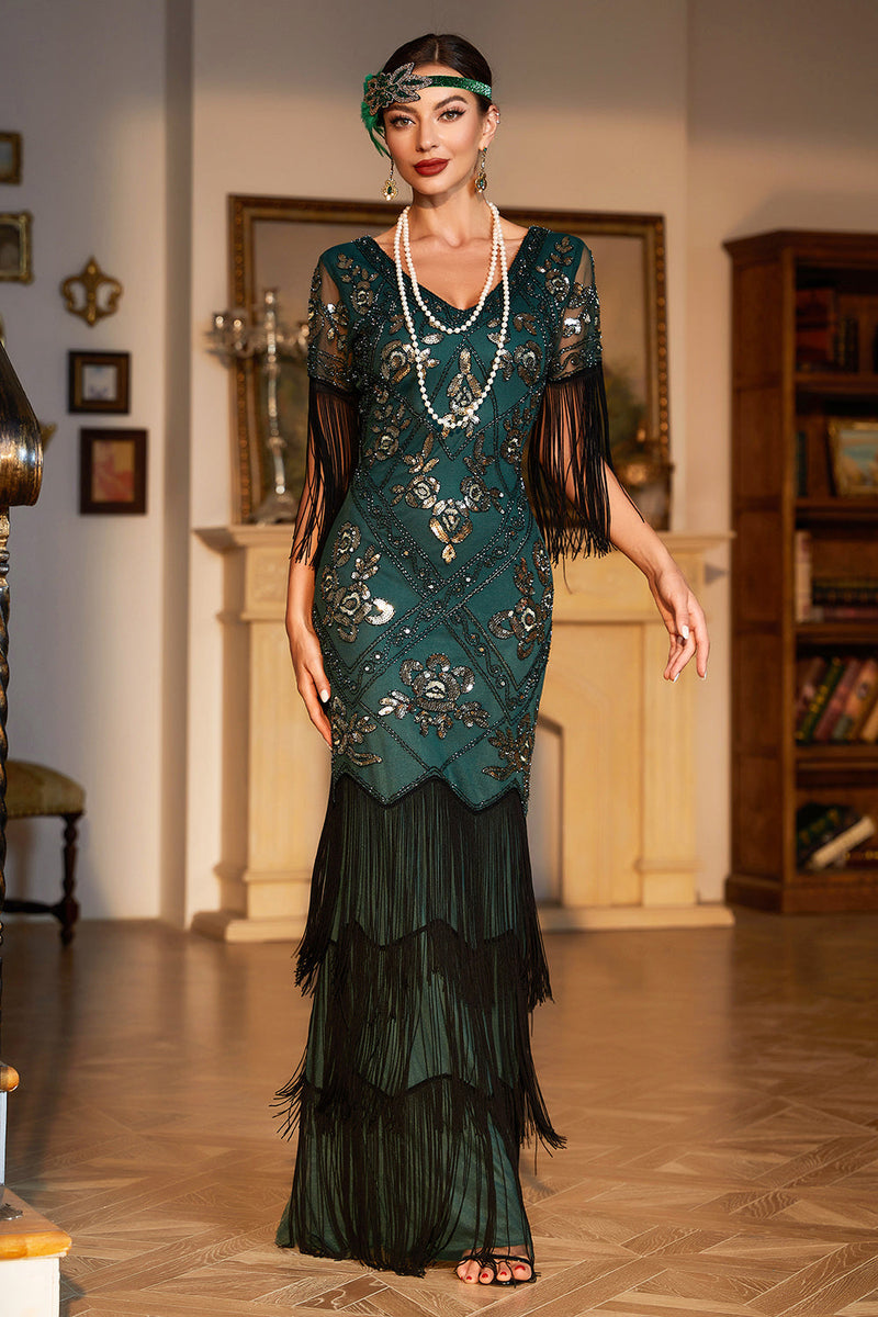 Load image into Gallery viewer, Sheath V Neck Black Sequins Long Sparkly Party Dress with Fringes