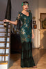 Load image into Gallery viewer, Sheath V Neck Dark Green Sequins Party Dress with Fringes