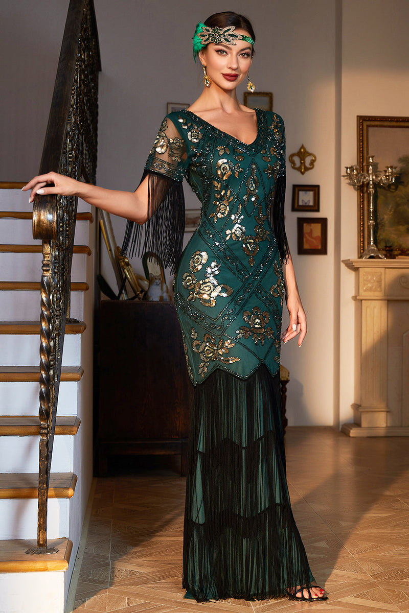 Load image into Gallery viewer, Sheath V Neck Dark Green Sequins Party Dress with Fringes