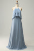 Load image into Gallery viewer, A Line Halter Neck Blue Long Bridesmaid Dress