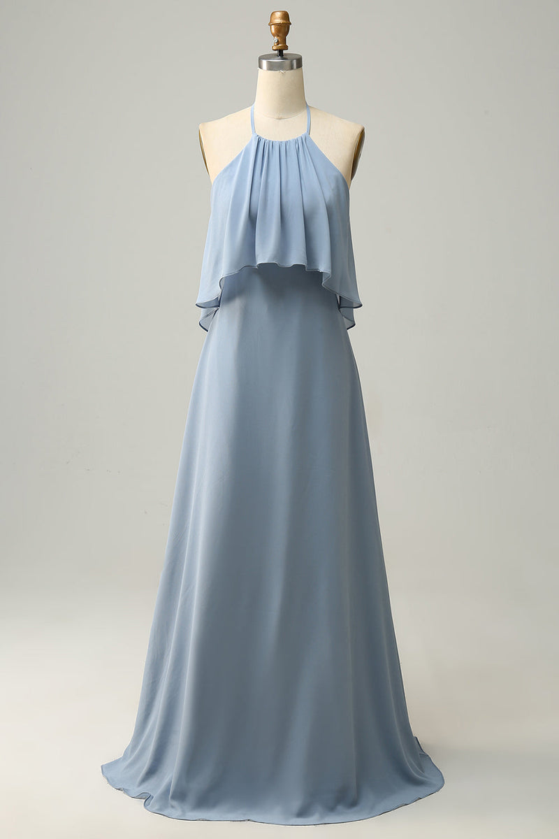 Load image into Gallery viewer, A Line Halter Neck Blue Long Bridesmaid Dress