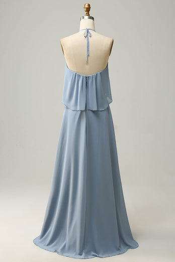 A Line Halter Neck Blue Long Bridesmaid Dress