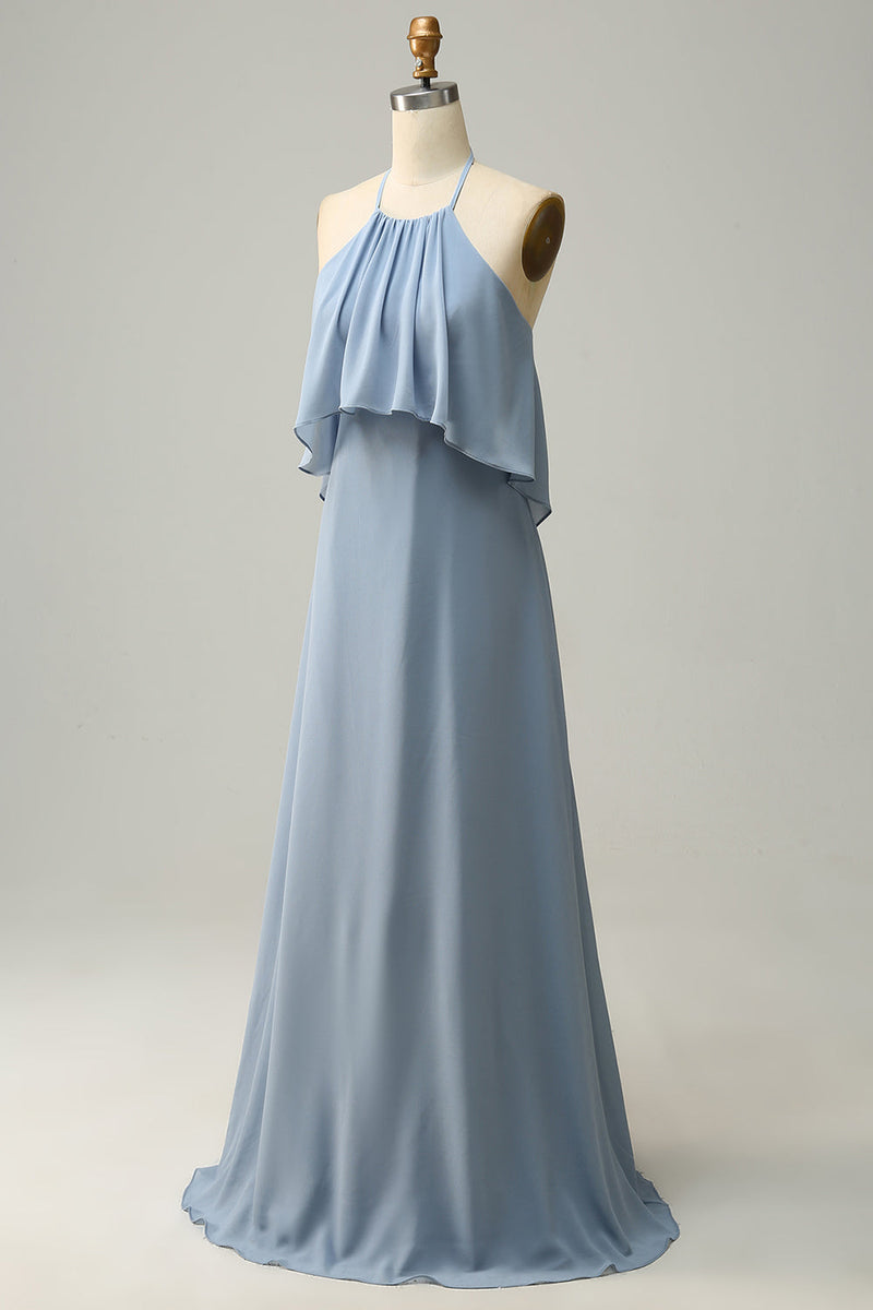 Load image into Gallery viewer, A Line Halter Neck Blue Long Bridesmaid Dress