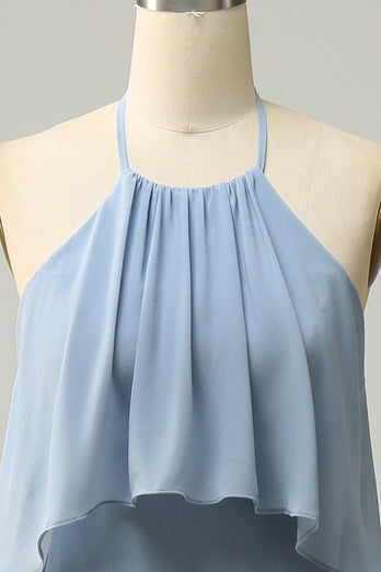 A Line Halter Neck Blue Long Bridesmaid Dress