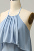 Load image into Gallery viewer, A Line Halter Neck Blue Long Bridesmaid Dress