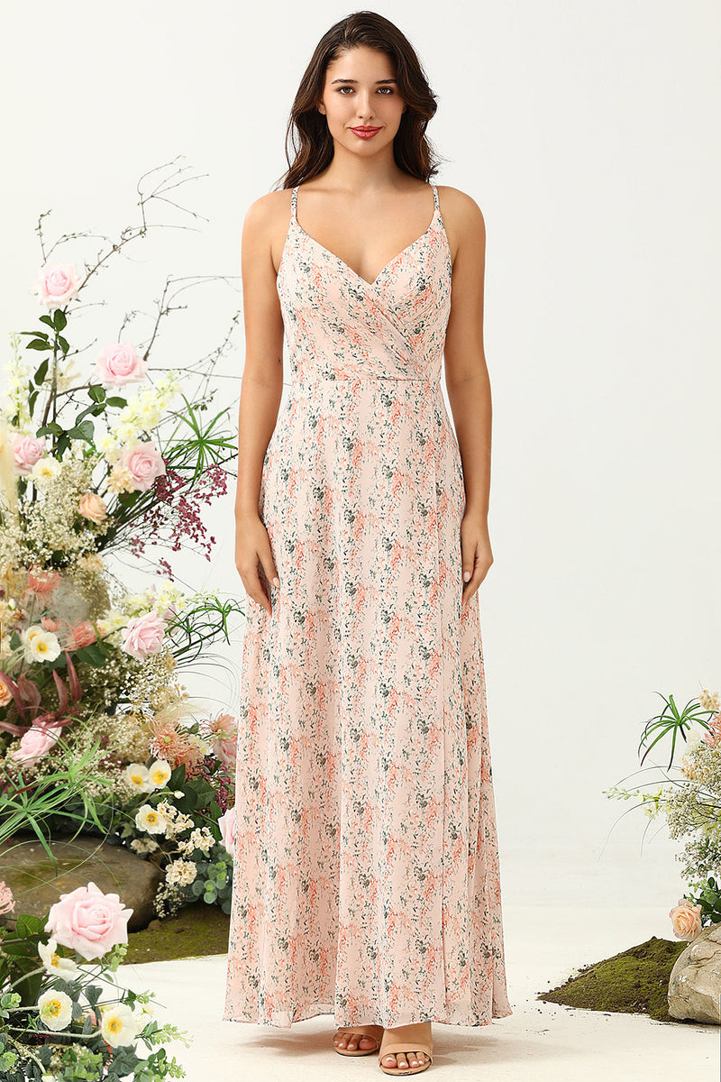 Load image into Gallery viewer, Blush Floral Chiffon Long Bridesmaid Dress with Slit