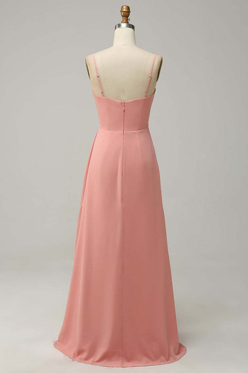 Load image into Gallery viewer, A Line Spaghetti Straps Blush Long Bridesmaid Dress with Split Front