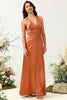 Load image into Gallery viewer, A Line Halter Neck Copper Long Bridesmaid Dress with Criss Cross Back