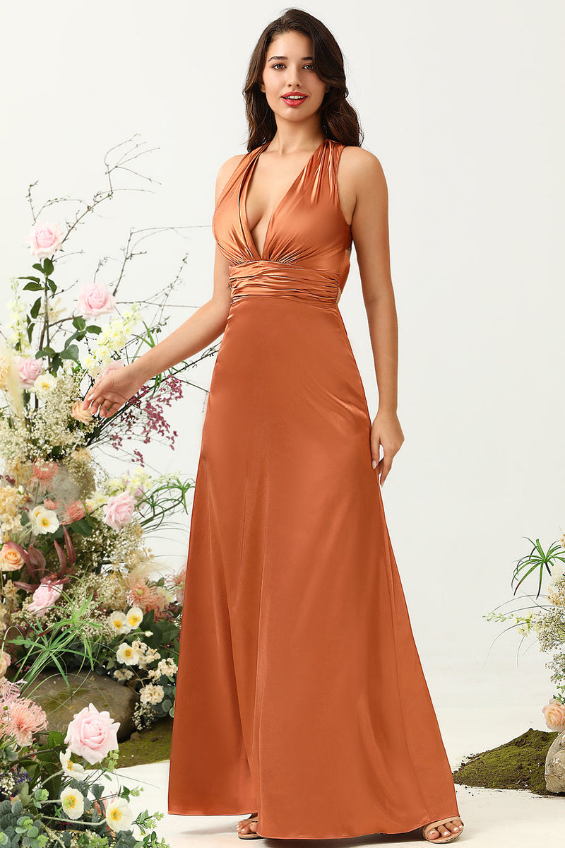 Load image into Gallery viewer, A Line Halter Neck Copper Long Bridesmaid Dress with Criss Cross Back