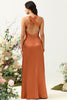 Load image into Gallery viewer, A Line Halter Neck Copper Long Bridesmaid Dress with Criss Cross Back