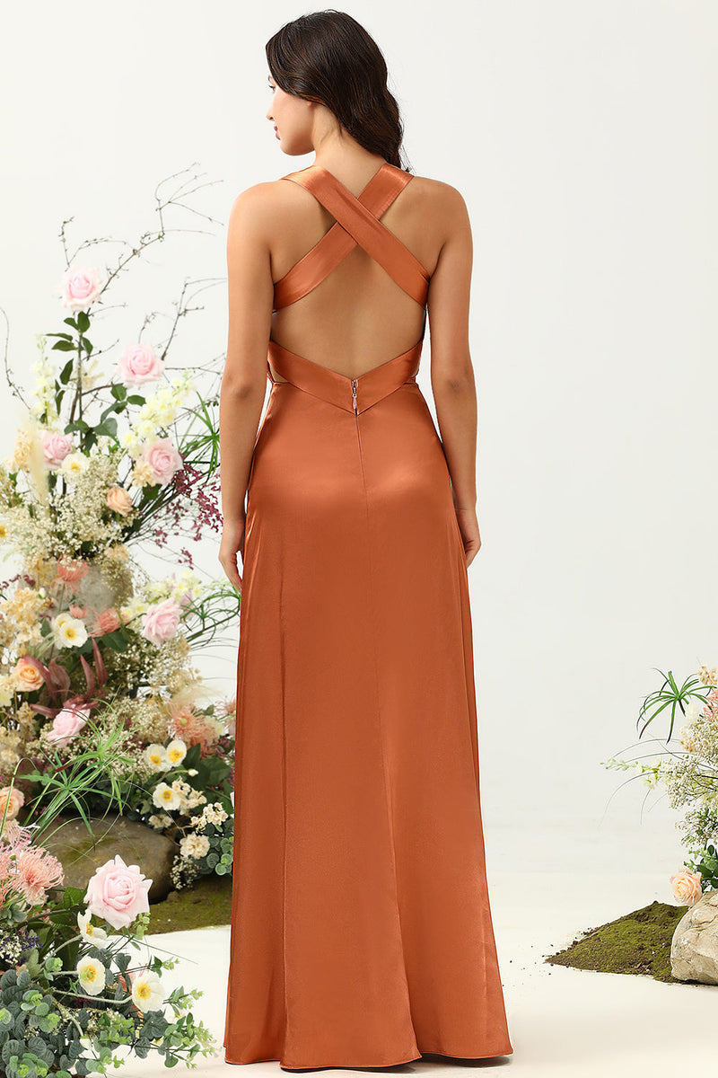 Load image into Gallery viewer, A Line Halter Neck Copper Long Bridesmaid Dress with Criss Cross Back