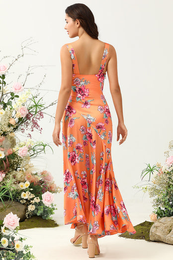 Orange Floral Asymmetrical Boho Bridesmaid Dress