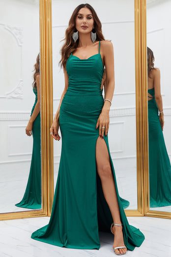 Mermaid Spaghetti Straps Dark Green Long Prom Dress with Criss Cross Back