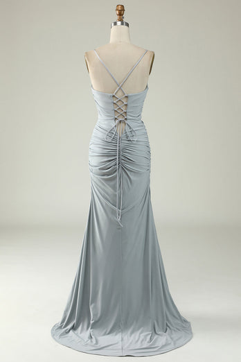 Mermaid Spaghetti Straps Grey Satin Prom Dress with Slit