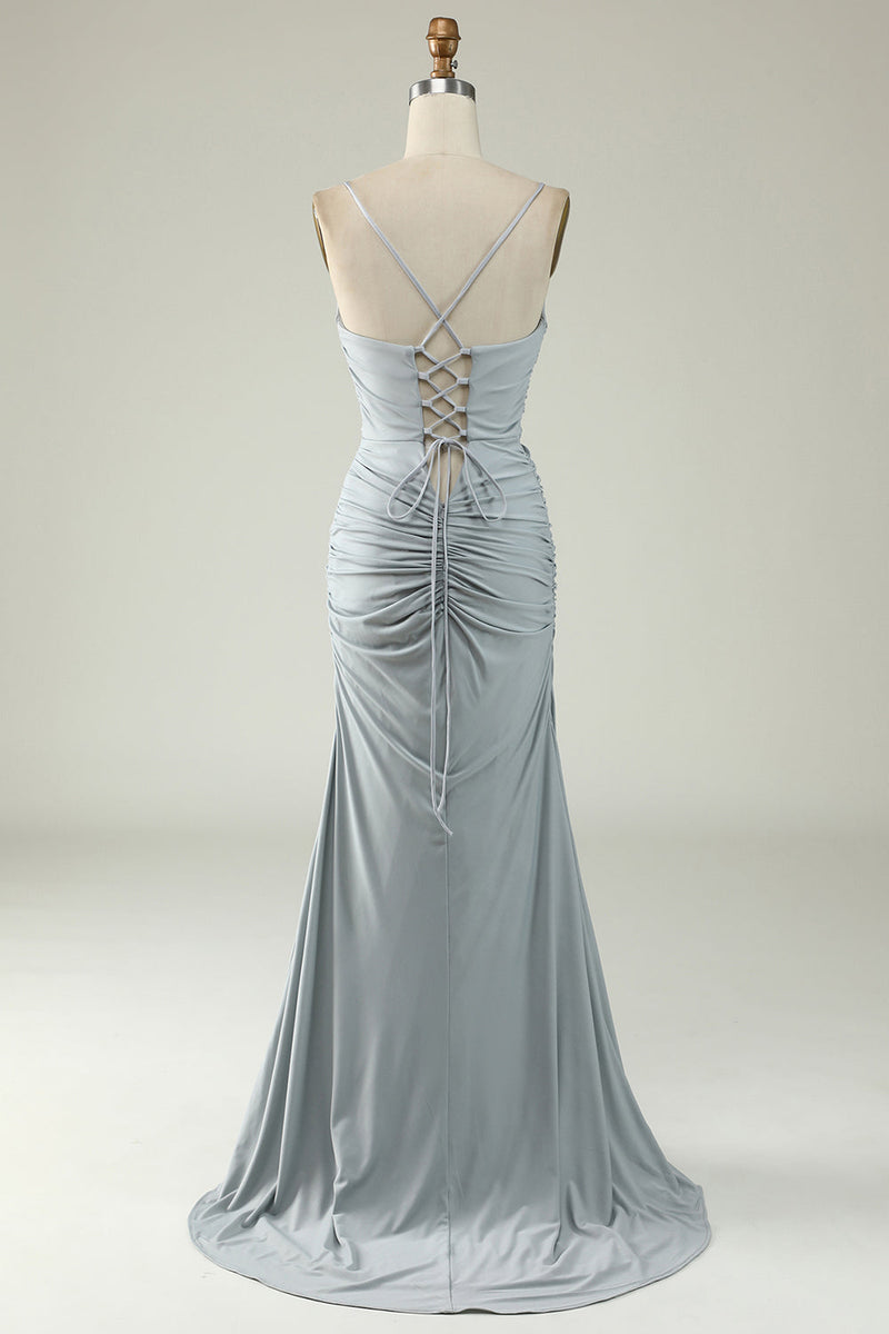 Load image into Gallery viewer, Mermaid Spaghetti Straps Grey Satin Prom Dress with Slit