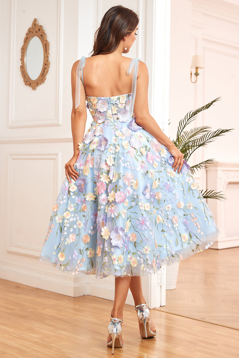 Load image into Gallery viewer, A Line Spaghetti Straps Blue Tea Length Prom Dress with 3D Flowers