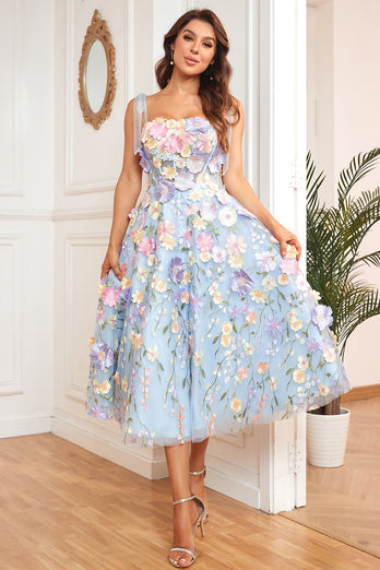 A Line Spaghetti Straps Blue Tea Length Prom Dress with 3D Flowers