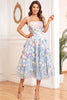 Load image into Gallery viewer, A Line Spaghetti Straps Blue Tea Length Prom Dress with 3D Flowers