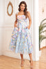 Load image into Gallery viewer, A Line Spaghetti Straps Blue Tea Length Prom Dress with 3D Flowers