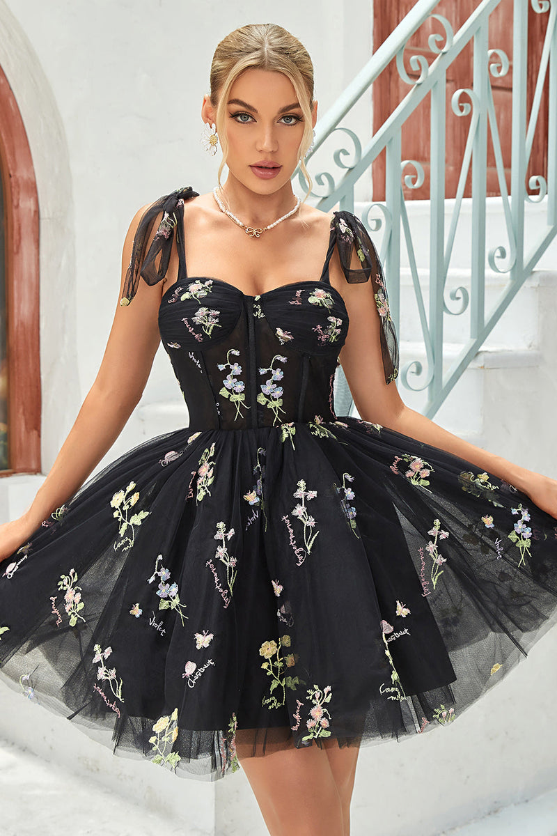 Load image into Gallery viewer, A Line Spaghetti Straps Black Short Homecoming Dress with Appliques