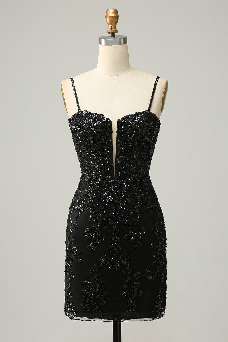 Load image into Gallery viewer, Sheath Spaghetti Straps Black Sequins Short Homecoming Dress with Criss Cross Back