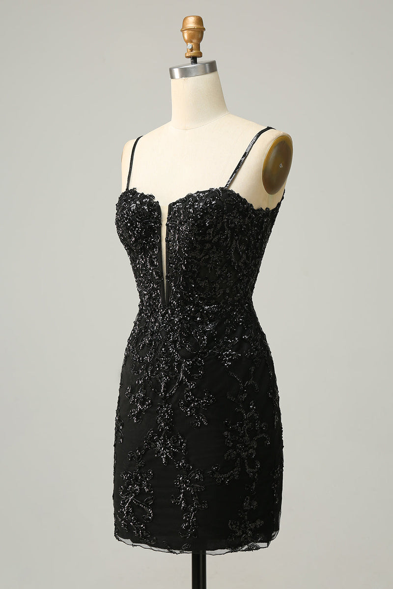 Load image into Gallery viewer, Sheath Spaghetti Straps Black Sequins Short Homecoming Dress with Criss Cross Back