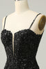 Load image into Gallery viewer, Sheath Spaghetti Straps Black Sequins Short Homecoming Dress with Criss Cross Back