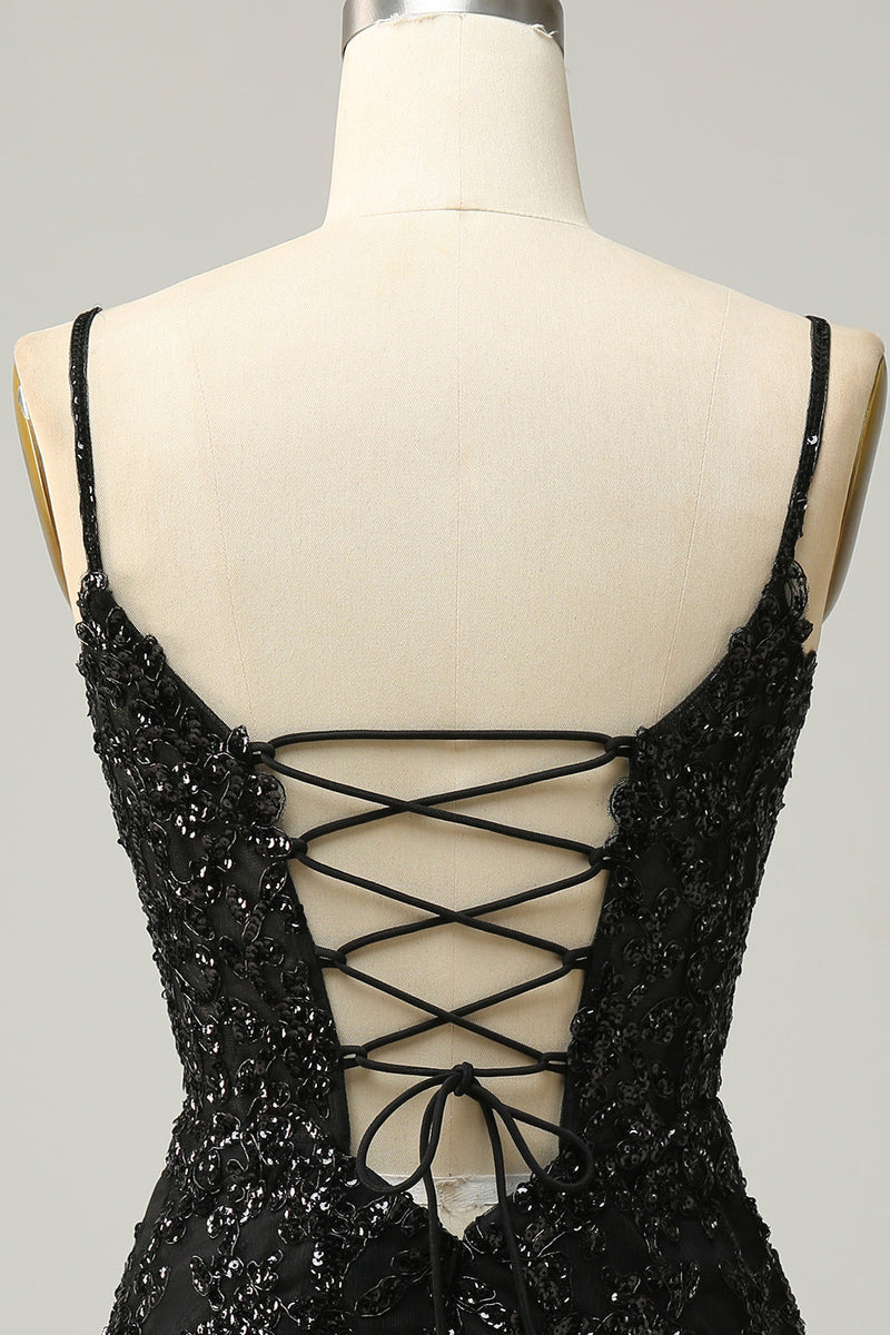 Load image into Gallery viewer, Sheath Spaghetti Straps Black Sequins Short Homecoming Dress with Criss Cross Back