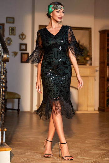 Dark Green V-neck Fringed Sequins Party Dress