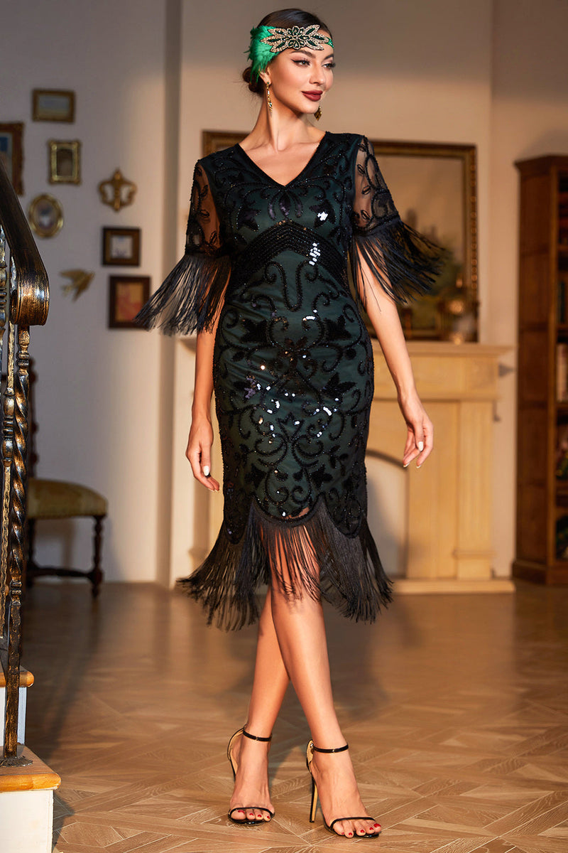 Load image into Gallery viewer, Dark Green V-neck Fringed Sequins Party Dress