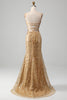 Load image into Gallery viewer, Golden Mermaid Spaghetti Straps Sequined Prom Dress With Slit